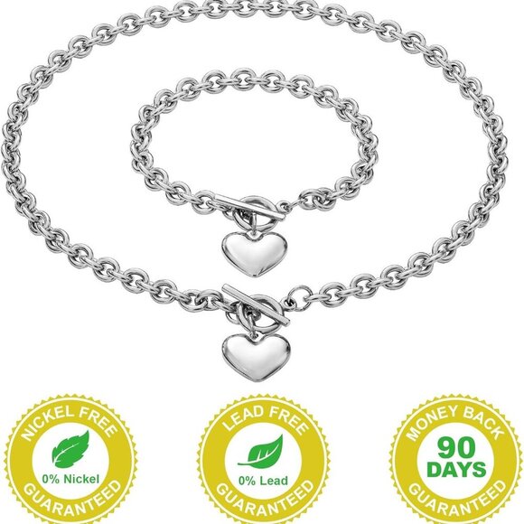 Heart Chain Necklace + Heart Bracelet for Women Girls Hearts Pendant Toggle Char - Picture 5 of 7